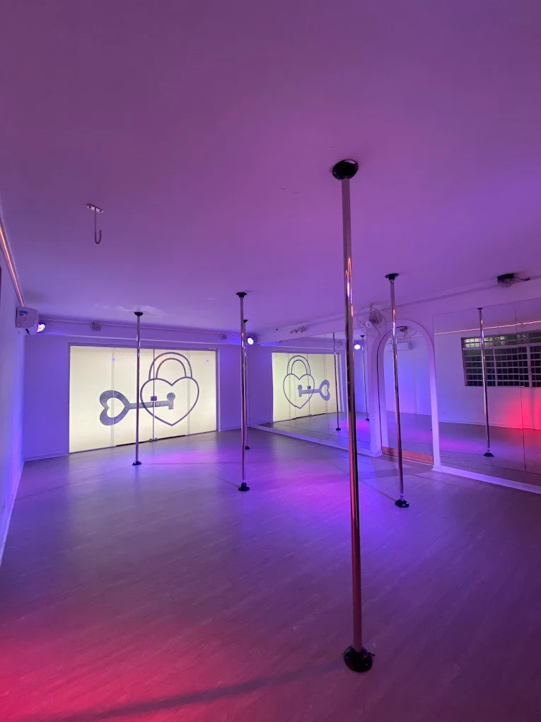 Sala do Room 52 Studio de Pole Dance no Morumbi com barras e iluminação neon